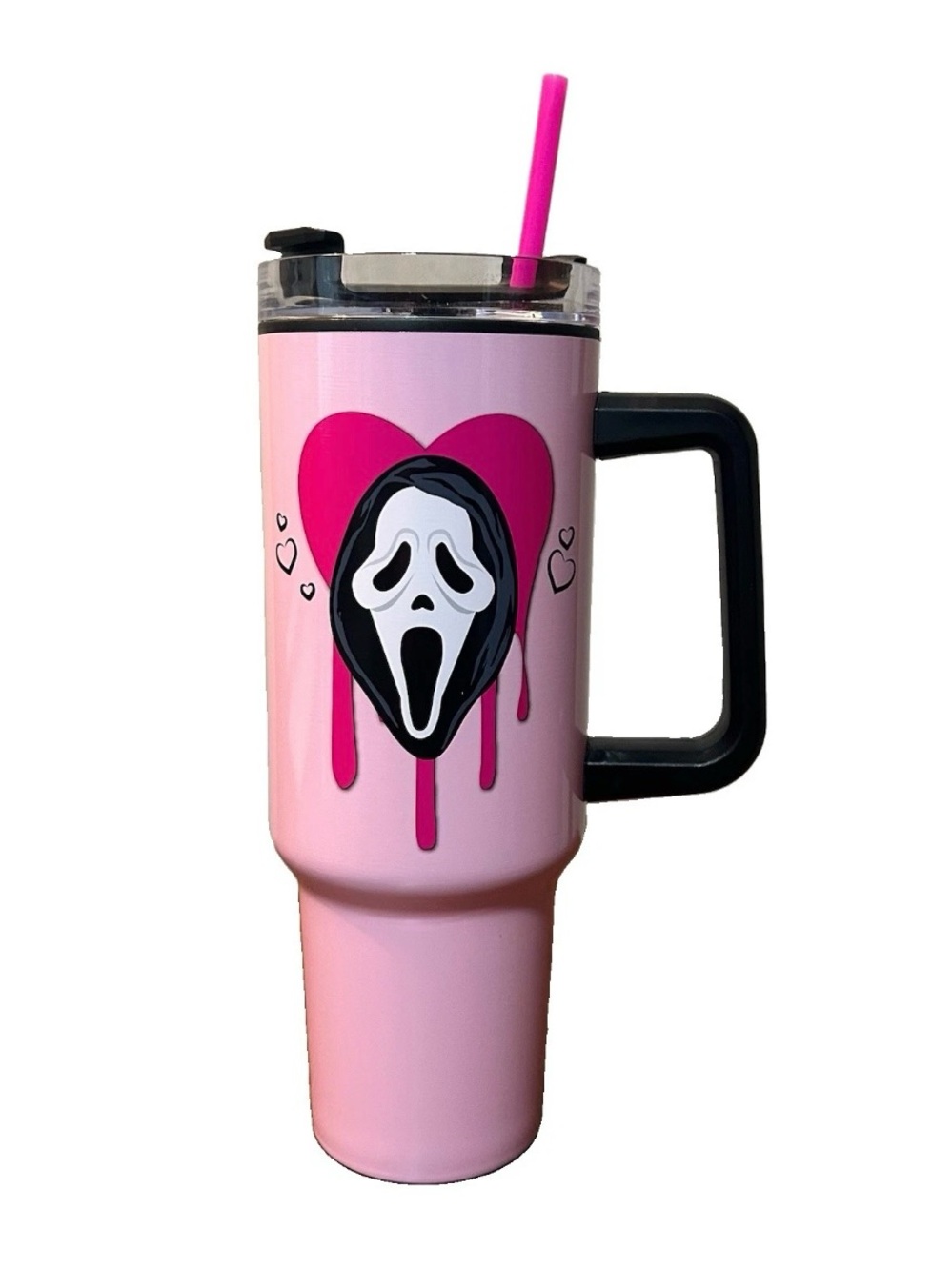 Ghost Face Travel Tumbler Pink Handle, Lid, Straw, Halloween Horror Slasher New